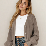 PREORDER Jane Mixed Texture Knit Button V Neck Sweater Cardigan - Brown | Dropship