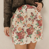 Buttoned Front Floral Scalloped Trim Mini Jacquard Floral Skirt