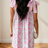 Nora Floral Print Striped Patchwork Bow Knot Straps Mini Dress