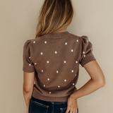 PREORDER River Polka Dot Bubble Short Sleeve Sweater - Chestnut | Dropship