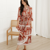 Harmony Floral Print Belted Striped Trim Tiered Maxi Dress