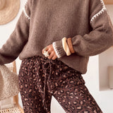 Dark Khaki Contrast Trim Mock Neck Drop Shoulder Relaxed Sweater