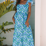 Sunny Floral Print Square Neck Ruffled Strap Maxi Dress