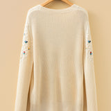 PREORDER Gemma Mixed Texture Knit Flower Embroidered Detail Casual Sweater | Dropship