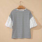 Aviva Puff Sleeve Patchwork Round Neck Loose Top - Black