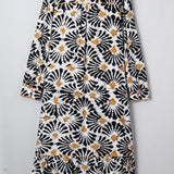 Lucille Abstract Floral Print Split V Neck Long Dress with Sleeves | Dropship