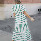 Tiffany Stripe Ricrac Trim Notched Neck Half Sleeve Vacation Dress