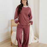 Jordyn Varsity Stripe  Drawstring Wide Leg Pant Set - Mineral Red