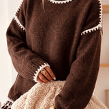 Dark Khaki Contrast Trim Mock Neck Drop Shoulder Relaxed Sweater