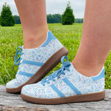 Light Blue Floral Print Lace-up PU Leather Flat Shoes