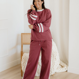 Jordyn Varsity Stripe  Drawstring Wide Leg Pant Set - Mineral Red