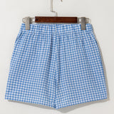 Gingham Print High Waisted Loose Shorts - Blue