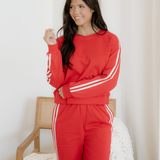 Fiery Red Varsity Striped Detail Crewneck Pullover Elastic Sweatpants 2pcs Outfit