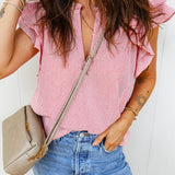 Lauren Stripe Frilly Split Neck Double Ruffled Short Sleeve Blouse