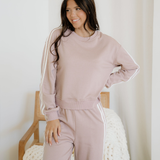 Fiery Red Varsity Striped Detail Crewneck Pullover Elastic Sweatpants 2pcs Outfit
