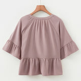 Mae Slit V Neck Ruffled Loose Blouse