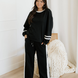Jordyn Varsity Stripe  Drawstring Wide Leg Pant Set - Black