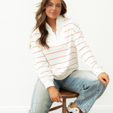 Madison Striped Zipper V-Neck Drop Sleeve Top - Red | Dropship