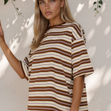 Rylan Brown Stripe Womens Casual Oversized Tee