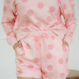 Kaylee Polka Dot Print Drop Shoulder Pullover Drawstring Shorts Set - Pink