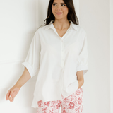 Wrenlee Plain 3/4 Batwing Sleeve Oversize Button Up Blouse - White