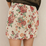 Buttoned Front Floral Scalloped Trim Mini Jacquard Floral Skirt