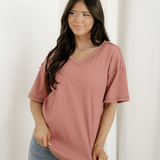 Caroline Exposed Seam Drop Sleeve V Neck Waffle Textured Top  - Rose