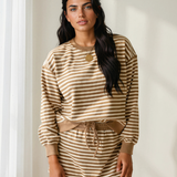 Coffee Run Set Stripe Textured Drop Shoulder Pullover Top Drawstring Mini Skort Two Piece Dress Set - Brown