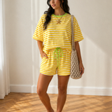 Weekend Retreat Set Contrast Neck Loose Tee and Drawstring Shorts Set - Yellow