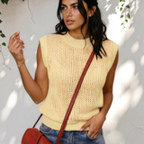 Brielle Hollowed Knit Round Neck Sweater Vest - Yellow