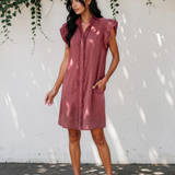 Nellie Frilled Detail Button Down Ruffle Short Sleeve Denim Mini Dress - Red