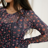 Samantha Floral Print Smocked Cuff Slim Fit Mesh Bodysuit