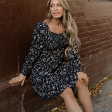 Black Floral Long Sleeve Frilly Shirred Square Neck Mini Dress