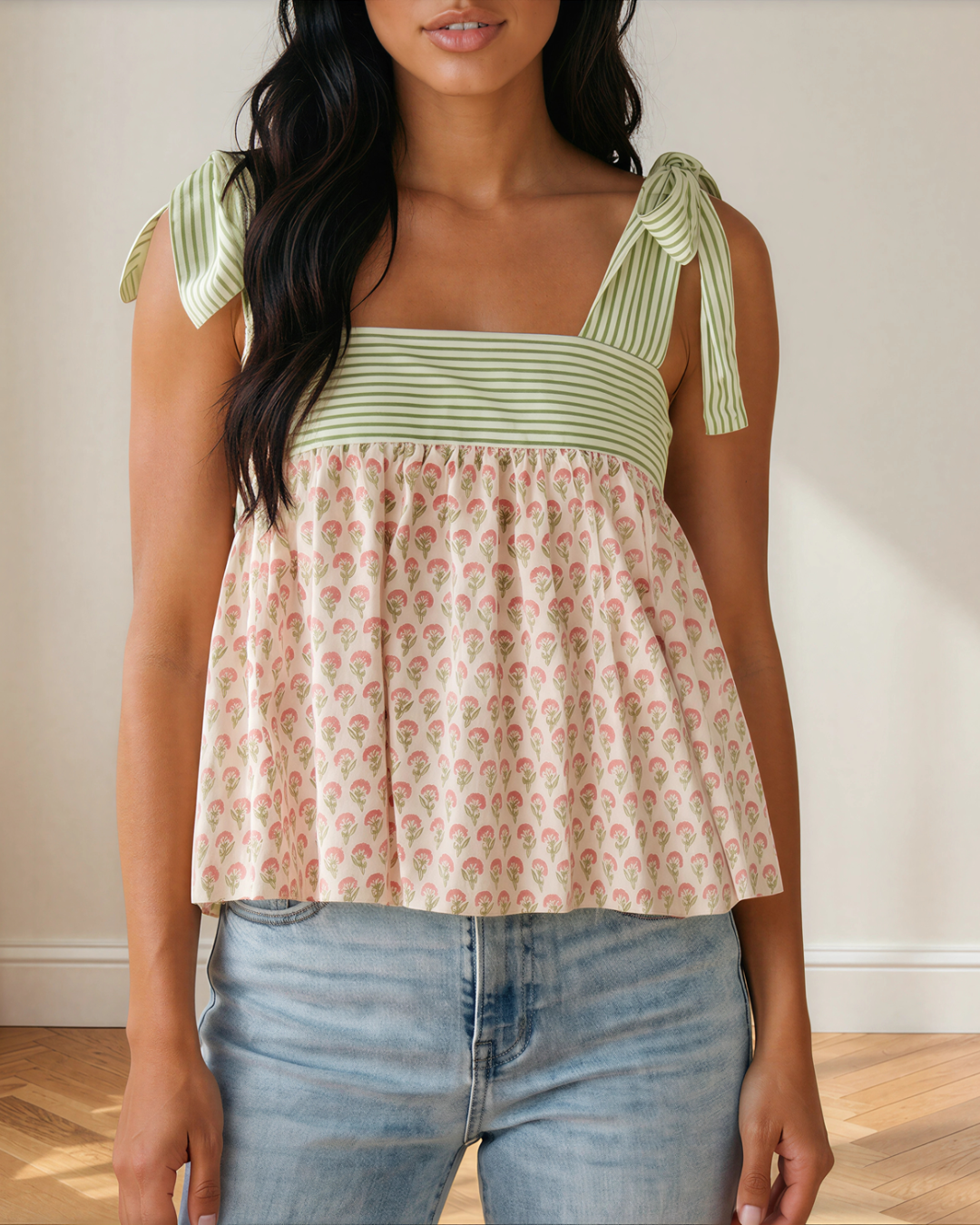 Ellie Floral Printed Knot Straps Babydoll Tank Top
