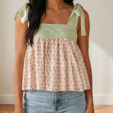 Ellie Floral Printed Knot Straps Babydoll Tank Top