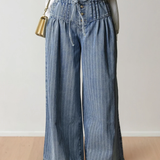PREORDER Cora Blue Stripe Button Pleated Drawstring Waist Casual Wide Leg Jeans