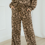 Reese Leopard Print Pullover Drawstring Loose Pants Set - Brown