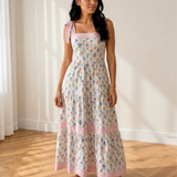 Hazel Floral Print Striped Detail Knot Straps Maxi Dress