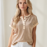 Maisie Stripe Half Buttons Round Neck T Shirt - Brown