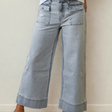 Camille Striped Button Flap Pocket Cuffed Hem Wide Leg Jeans