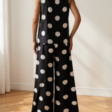Paris Polka Dot Print Pleated Round Neck Tank Casual Wide Leg Two-Piece Outfit