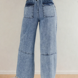 Celestine Acid Wash Exposed Seam Drawstring Elastic Waist Barrel Jeans