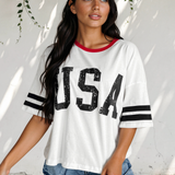 USA Varsity Striped Sleeve Round Neck Tee