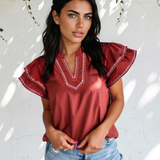 Ainsley Contrast Trim Flutter Sleeve V Neck Blouse