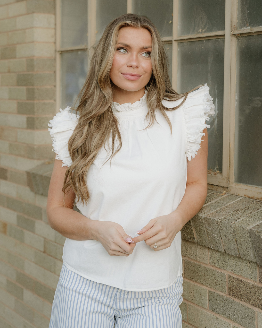 Logan Frilled Collar Flutter Sleeve Denim Top