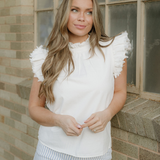 Logan Frilled Collar Flutter Sleeve Denim Top