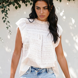 Elodie Lace Neck Flutter Sleeve Eyelet Blouse
