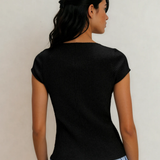 Anika Ribbed Knit Lace Trim Button Down Short Sleeve Top