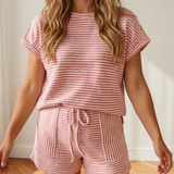 Jaslyn Stripe Breathable Textured Knit Short 2pcs Set