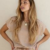 PREORDER - Rowen Stripe Crew Neck Tee Drawstring Waist Cropped Pants Set | Dropship